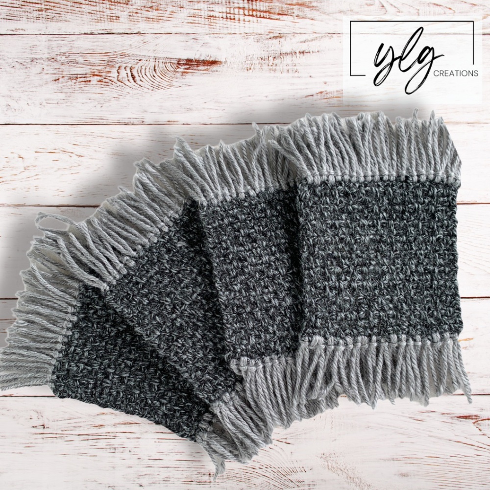 Mug Rugs Coasters Handmade Crochet Gray Variegated Fringe Set of 4